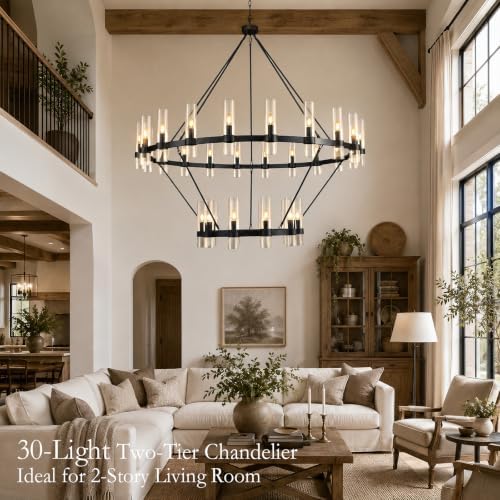 Black Wagon Wheel Chandelier 2 Tier, 60 Inch Chandeliers with Glass Shade, 30-Light Large Chandelier for High Ceiling, Modern Farmhouse Chandeliers for Living Room, Dining Room, Entryway and Staircase - Image 4