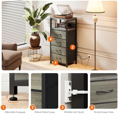 Lazzanto Night Stand with Charger Station, 4 Fabric Drawers, Grey - Image 7