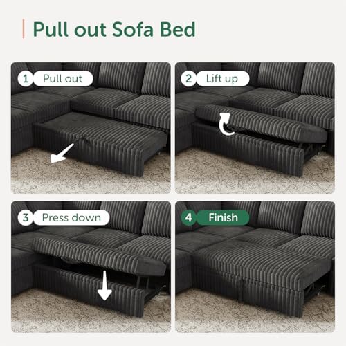 HONBAY Modular Sectional Sleeper Sofa with Pull Out Bed,Corduroy U Shaped Couch with Storage, Sectional Couches for Living Room,Dark Grey - Image 5