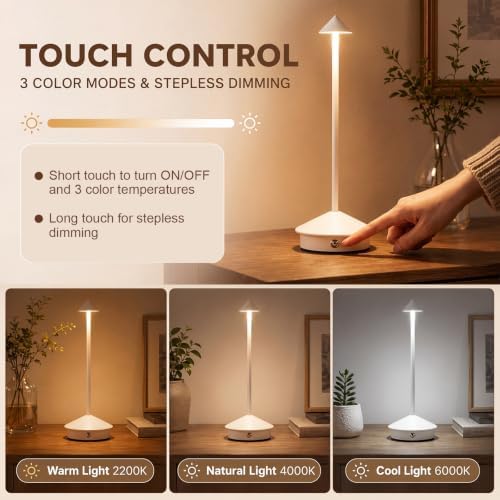 12 Pack Cordless Table Lamp, 3 Color Stepless Dimmable, White - Image 3