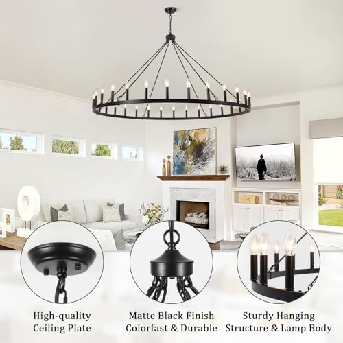 30 Lights Black Extra Large Wagon Wheel Chandelier, 60 Inch Farmhouse Industrial Ceiling Light Fixture for High Ceiling Outdoor Porch Living Dining Room Foyer Entryway, E12 - Image 2