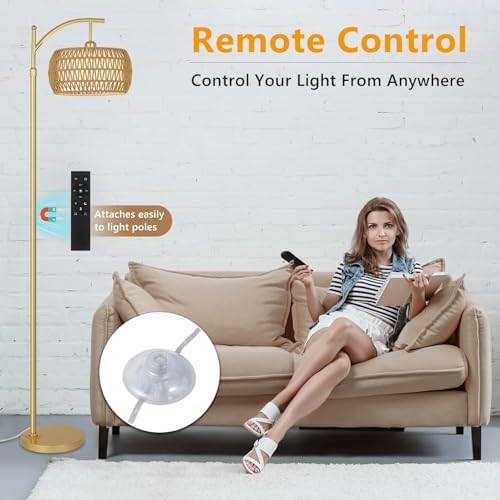 eyassi Arc Floor Lamp with 3 Color Temperatures, LED Gold Floor Lamp with Remote & Stepless Dimmable Bulb, Boho Standing Lamp with Rattan & Fabric Shades, Farmhouse Tall Lamp for Living Room Bedroom - Image 3
