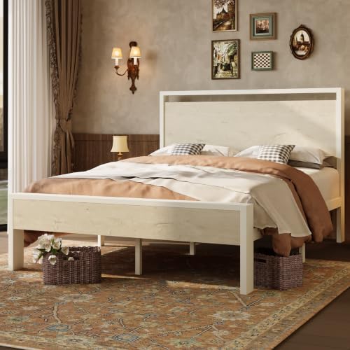 SHA CERLIN 14 Inch Full Metal Platform Bed Frame with Wooden Headboard and Footboard, No Box Spring Needed, Large Under Bed Storage, Heavy Duty Slats Support, White Washed Oak by SHACERLIN