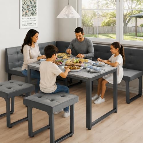 XIAO WEI Corner Dining Table Set for Small Spaces, 70 Inch Breakfast Nook with Storage Banquette, 5 Piece Dining Set with Upholstered Bench, Modern Grey by XIAOWEI