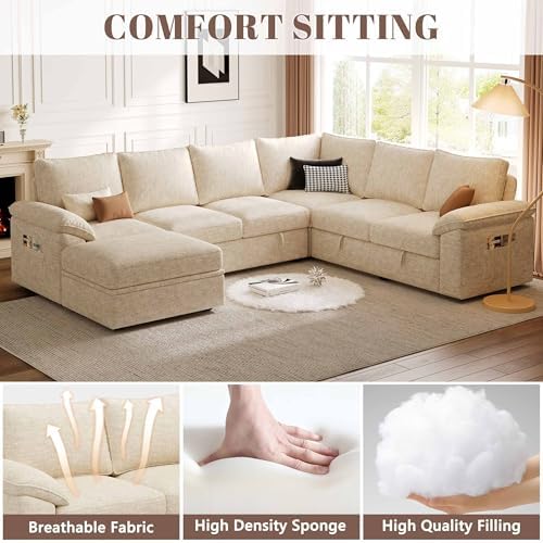 106'' Modular Sectional Sofa with Pull Out Bed, Sleeper Sofa, Beige - Image 5