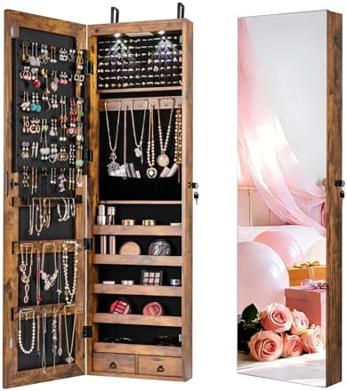 NAFORT 2 LEDs Full Length Mirror with Jewelry Armoire, Jewelry Organizers and Storage with 2 Mounting Options, 47.5”H Jewelry Cabinet with 2 Drawers, Make up & Lockable Jewelry Box, Rustic Brown by NAFORT