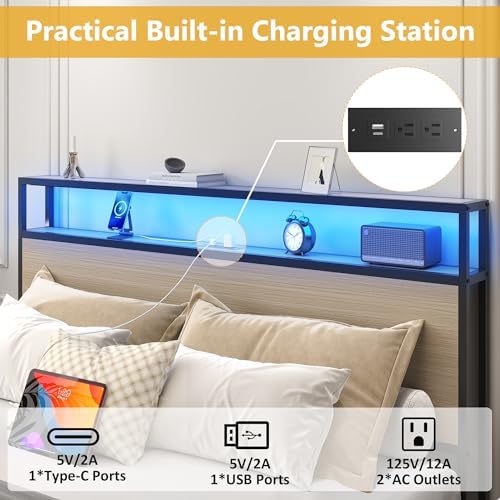 Lifezone Full Bed Frame with 2-Tier Storage Headboard, Metal Platform Bed Frame with 4 Storage Drawers, Built in Charging Station & LED, Noise-Free/Metal Support/No Box Spring Needed, Beige - Image 5