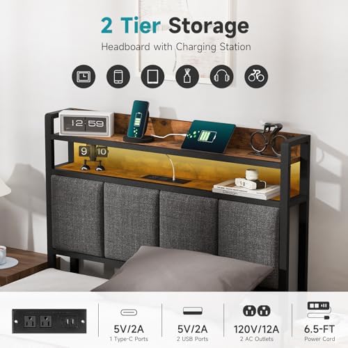 Z-hom Twin Bed Frame with 2-Tier Storage Upholstered Headboard,Noise Free - Image 4