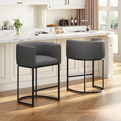 26" H Counter Height Bar Stools Set of 2, Modern Barrel Counter Stools with Backrest and Arms, Linen Fabric Upholstered Accent Barstools for Kitchen Island,Support 450 LBS (Carbon Black) by VATROS