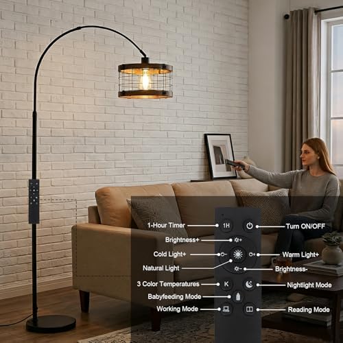 Arc Floor Lamps for Living Room with Remote and Dimmable LED Bulb, Vintage Wood Floor Lamp for Bedroom, Farmhouse Standing Lamp for Corner, Industrial Black Tall Lamp, Over Couch Arched Reading Light - Image 4