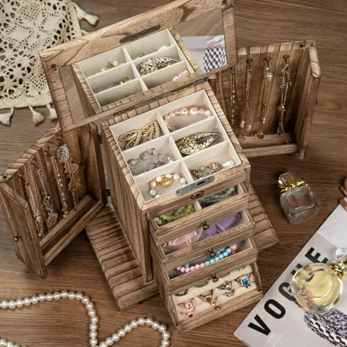 Miratino Jewelry Boxes for Women, 5 Layer Large Wooden Jewelry Organizer Box with Lock, Mirror & Drawers, Jewelry Boxes & Organizers for Necklaces Earrings Rings Bracelets (Rustic Brown) - Image 5