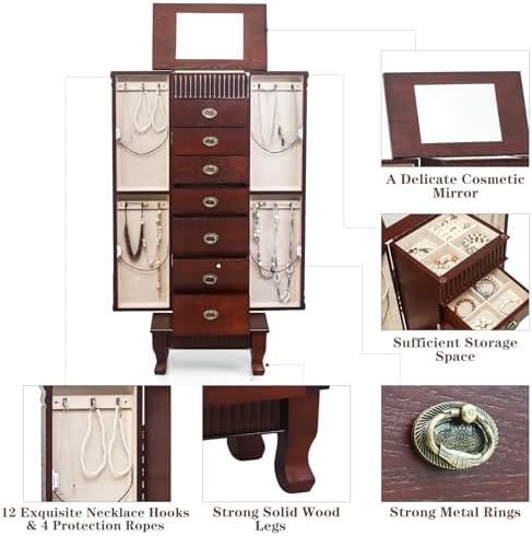 AVAWING Standing Jewelry Cabinet Armoire with Top Flip Mirror, 7 Drawers & 12 Necklace Hooks, Jewelry Box Storage Organizer with 2 Side Swing Doors (Reddish Brown) - Image 4