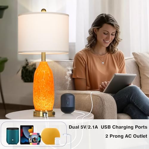 Rinweey 26" Modern Orange Glass Table Lamp Set of 2,Bedside Lamps with USB A+C Ports & AC Outlet, Nightstand Lamp with 3-Way Dimmable Touch Control Night Light for Bedroom Living Room(Bulbs Included) - Image 3