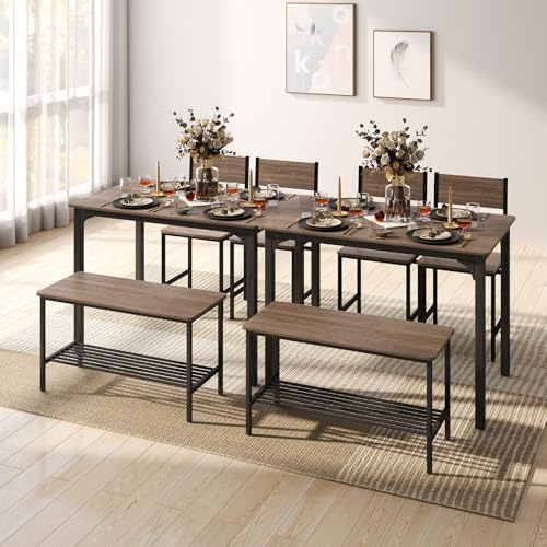 Dining Table Set for 4 with Storage Bench & 2 Chairs, Gray Oak - Image 5