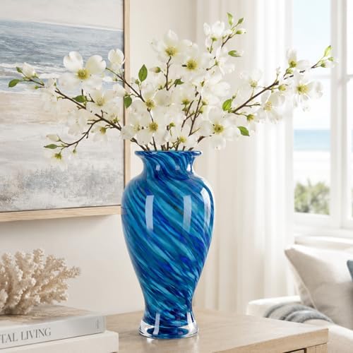 11.8" Tall Glass Vase Beautiful Hand Blown Glass Vase Modern Art Home Decor, Wide Mouth Colorful Vases for Mantle Dining Table Centerpiece, Entryway Living Room Wedding Decoration (Deep Blue) by LINYTHER