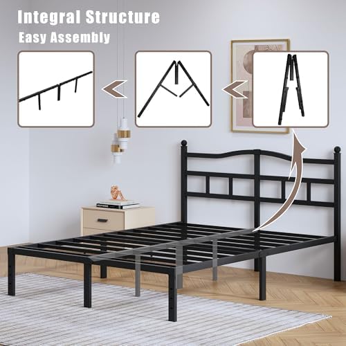 SHOANED 14 Inch Metal Bed Frame - Full Size Heavy Duty Bedframe with Headboard Black Basic Steel Slats Platform No Box Spring Needed/Easy Assembly/Noise Free - Image 6