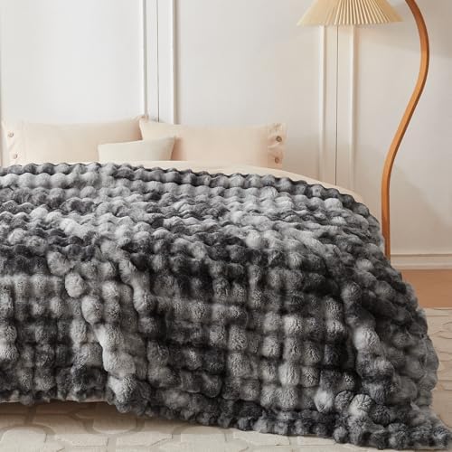 COOVA Soft Bubble Faux Fur Throw Blanket, 60"x80", Tie-dye Light Grey - Image 2
