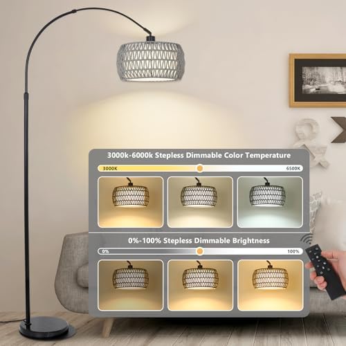 Arc Standing Lamp, Boho Floor Lamps for living room with Remote and LED Dimming Bulb, Rattan Tall Lamp for Bedroom with 3 Color Temperatures, Height Adjustable Farmhouse Stand up Light for Office - Image 2