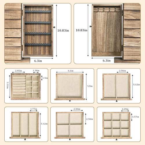 Emfogo Wooden Jewelry Box for Women, 6-Tier Large Jewelry Organizer Boxes with Mirror Rustic Solid Wood jewlery Storage Display for Rings Earrings Necklaces Bracelets watches(Carbonized Brown) - Image 3