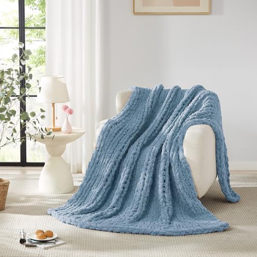L'AGRATY Chunky Knit Throw Blanket for Couch, 80 x 90 Inches, Airy Blue - Image 4