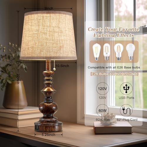 Drawealth 22'' Farmhouse Bedside Table Lamps Set of 2 for Bedroom Nightstand Lamps with USB A+C Charging Ports Traditional Small Table Lamp for Living Room End Tables,Pull Chain,Bulbs Not Included - Image 6