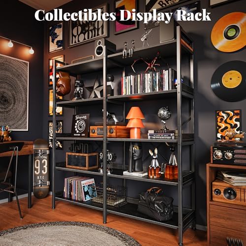Huuger 5 Tier Bookshelf, Display Bookshelf with 10 Open Shelves and Raised Baffle, 47.2 Inch Straight Wide Bookcase with Metal Frame and Wooden Board, Adjustable Feet, Black - Image 3