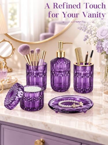 Haturi Purple Bathroom Accessories Set, Glass Bathroom Set, 5 Pcs - Image 7