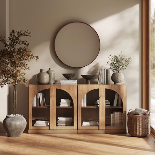 BELLEZE Set of 2 Modern Sideboard Buffet Cabinets (63" Wide) - Large Kitchen Credenza with 4 Arched Glass Doors - Seamless Storage Console Sideboard for Kitchen, Living Room - Camel by BELLEZE