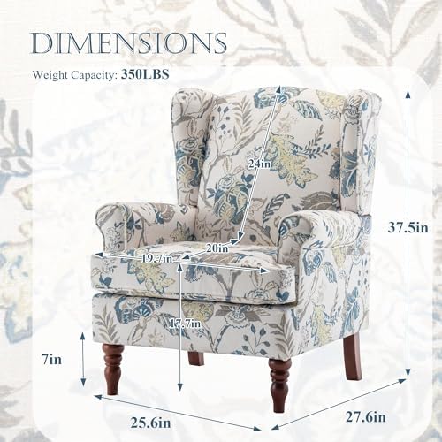 YOLENY Floral Accent Chair, High Back Upholstered Armchair with Solid Legs, Leisure Single Sofa Chair for Living Room, Bedroom, Home Office, Blue Floral - Image 3
