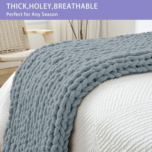 Bigacogo Chunky Knit Throw Blanket for Couch, 40x80 inches, Dusty Blue - Image 6