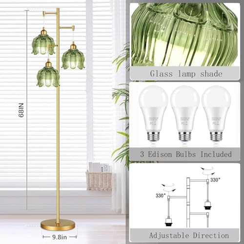 Vintage Floor Lamps for Living Room Bedroom-3 Light Gold Floor Lamp with Glass Lampshape, Flower Green Tall Lamp Mid Century Modern Standing Lamp Tree Floor Lamp for Bedroom Living Room Corner - Image 5