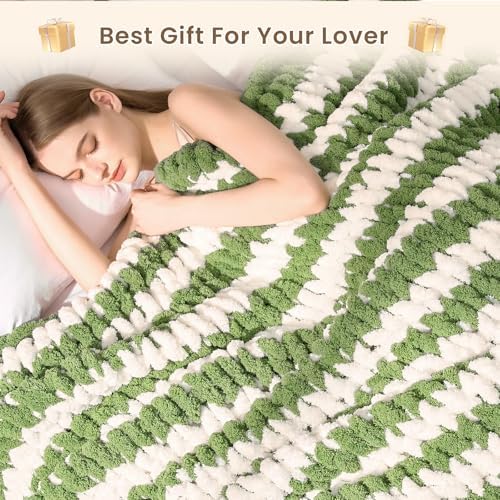 L'AGRATY Chunky Knit Throw Blanket for Couch, 60 x 80 Inches, Green White - Image 7