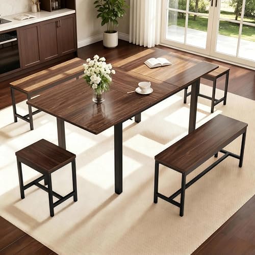 GarveeHome 5-Piece Dining Table Set for 4-8 People, 63 in Large Extendable Kitchen Table Set with 2 Benches and 2 Square Stools, Modern Dining Room Furniture Sets, Easy Assembly, Espresso by GarveeHome