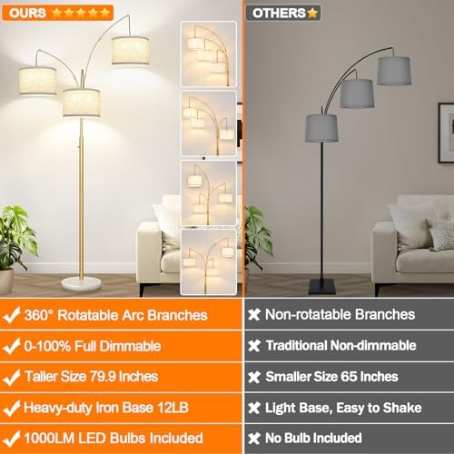 Dimmable Floor Lamp, 3 Lights Gold Arc Floor Lamp, Modern Tall Standing Tree Lamp with White Linen Shades & Marble Base, 3000LM LED Bulbs, Bright Lighting for Living Room, Bedroom, Office & Reading - Image 2
