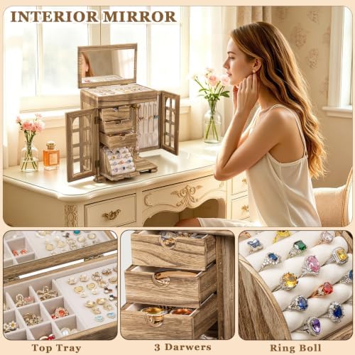 Honiway Jewelry Boxes for Women, 5 Layer Wooden Jewelry Box with Drawer & Mirror, Rustic Jewelry Organizer for Necklace Bracelet Ring Earring, Farmhouse Decor for Bedroom Dresser (Rustic Brown) - Image 4