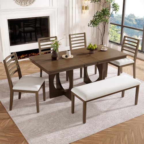 VilroCaz 6-Piece Acacia Wood Extendable Dining Table Set with Chairs& Bench by VilroCaz