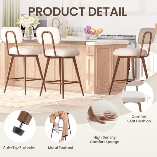 MALOL 26“ Swivel Bar Stools Set of 4, Mid Century PU Leather Counter Height Bar Chairs with Low Back and Metal Legs, Modern Bar Stool Chair for Kitchen Island, Beige - Image 5