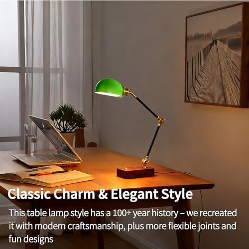 Vintage Green Glass Solid Wood BLack Gold Adjustable Swing Arm Desk Lamp - Image 2