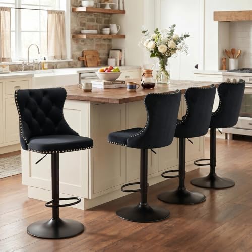 SoarFlash Velvet Bar Stool Set of 4, Adjustable Swivel Bar Stools with Black Metal Leg, Button Tufted, Footrest, Chrome Nailhead, Counter Height Chair for Kitchen, Bar, Dining Room (Black) by SoarFlash