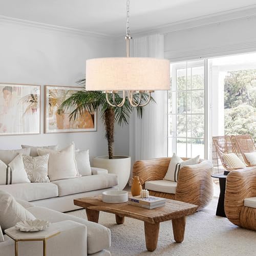 Drum Modern Chandeliers for Dining Room Light Fixture 5 Lights Brushed Nickel Chandelier with Linen Lampshade 19” Farmhouse Chandelier Large Pendant Lighting Fixtures for Foyer Entryway Kitchen - Image 5