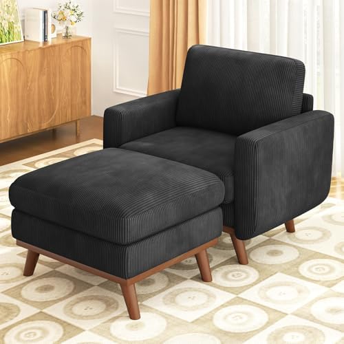 Vesgantti 38.5" Accent Chair with Movable Ottoman, Comfy Corduroy Armchair with Spring Cushion, Reading Chair with Ottoman, Modern Single Sofa for Living Room, Bedroom and Apartment, Black by Vesgantti