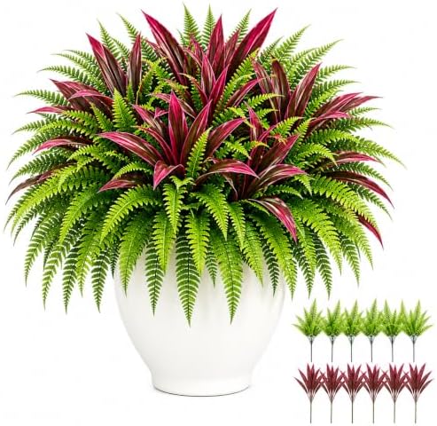 2027 New UV-Resistant Artificial Fern & Red Dracaena Decorative Plants，6set by Unknown