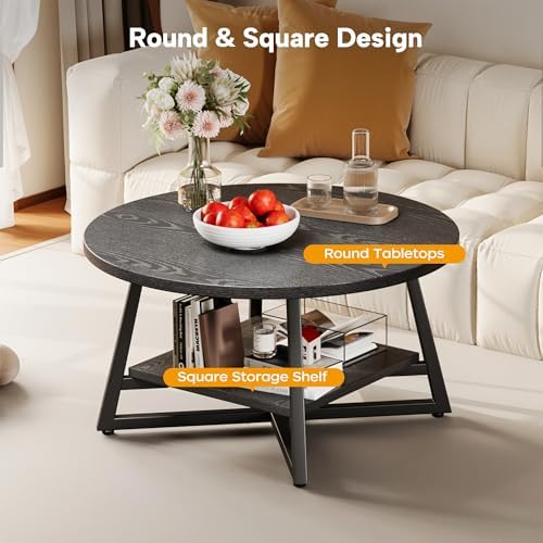 Coffee Table for Living Room, Round Coffee Table, Small Circle Coffee Table with Storage, Modern Wood Round Center Table for Home Office, Small Space, Easy Assembly, Black - Image 5