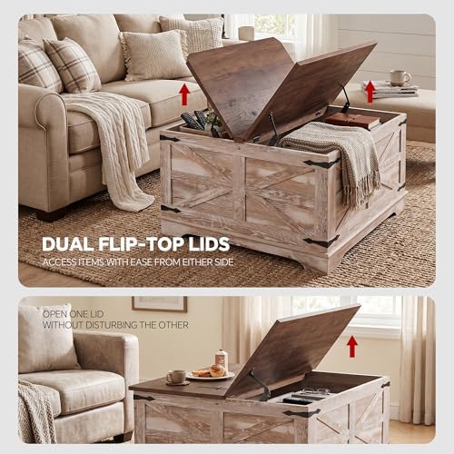 senlin Farmhouse Coffee Table, Heavy-Duty Coffee Table with Storage, Square Wood Center Table Set for Living Room with Pull Up Large Hidden Storage Compartment,Rustic Brown - Image 4