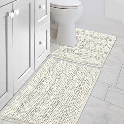 H.VERSAILTEX Bathroom Rugs Bath Rug Set 2 Piece Bathroom Contour Rug Toilet Mat Sets Non Slip Contour Bath Rug Ultra Thick Water Absorbent Striped Bath Mats Washable(20" x 32" Plus 20" x 20" U, Cream) by HVERSAILTEX