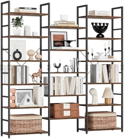 NUMENN Triple Wide 6-Tier Adjustable Bookshelf with 17 Shelves, Vintage - Image 3
