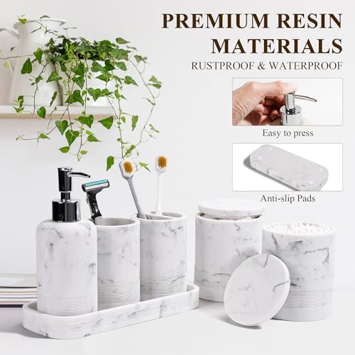 Bathroom Accessories Set, 6-Piece Bathroom Accessory Set, Toothbrush Holders Set, Soap Dispenser, Vanity Tray, Tumbler, Cotton Swab Jars, Bathroom Organizer for Modern Bathrooms (Marble White) - Image 5