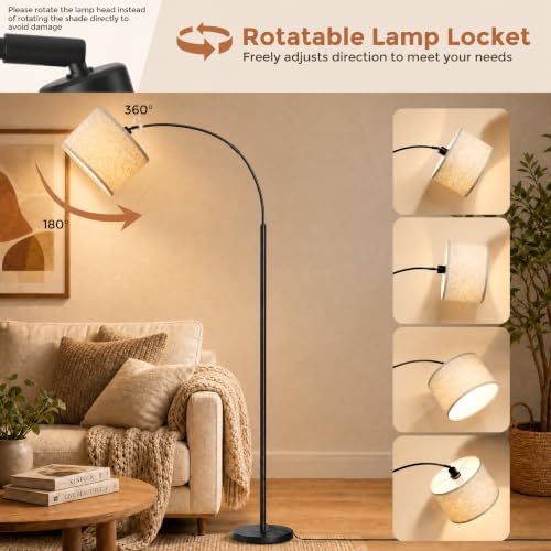 Arc Floor Lamps with Remote Control and Stepless Dimmable Color Temperature and Brightness Standing Lamp with Adjustable Beige Hanging Shade Pole Lamp for Bedroom Office, 9W Bulb Included, Black - Image 4