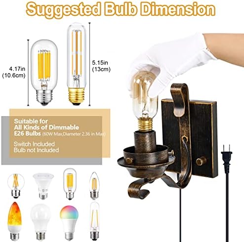 Yisuro Wall Sconces Sets of 2, Oil Rubbed Bronze Plug in Wall Sconce,Retro Rustic Wall Lamps,Sconces Wall Lighting with Amber Glass,Indoor Vintage Bedside Wall Lighting for Living Room Bathroom - Image 2