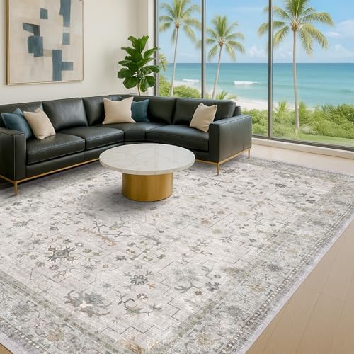 Large 10x12 Living Room Rug - Vintage Light Gray & Sage Floral Area Rug for Dining Room, Washable Low Pile Bedroom Carpet, Modern Eclectic Geometric Decor & Stain Resistance - Image 6